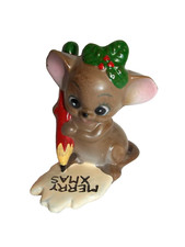 Adorable MCM Vtg. Hand Painted Christmas Mouse w Pencil Miniature Figurine JAPAN picture