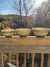 Antique American Cream & Green Hull Gothic 3 Bowl Yellow Ware Set picture