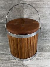VTG MCM Midcentury Teak Wood Chrome USA Ice Bucket 7.5” Diameter 8.5” Height picture