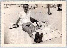 Vtg B&W Snapshot Handsome Young Man Beach Blanket Swim Shorts Sneakers 1950s picture
