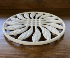 Vintage French Enameled Cast Iron Trivet France Invicta Leaf Pattern White picture