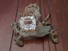 Vintage 1983 Teleflora Antique Brass Inkwell & Pen Holder. Art Nouveau Decor picture