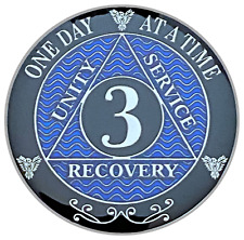 AA 3 Year Coin Blue, Silver Color Plated Medallion, Alcoholics Anonymous Coin picture