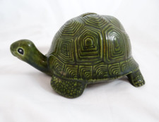 Vintage Smiling Turtle Figurine Green Ceramic Pottery Hand Painted Coin Bank picture