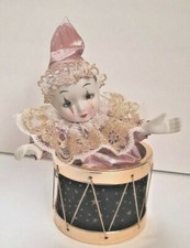 Vintage Satis-5 Porcelain Clown Music Box Harlequin Drum Pink Gold Lace Taiwan picture