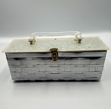 Vintage 1950s Dorset Rex White Basketweave Box Purse Faux Pearl Plastic Lid Bag picture