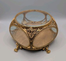 Vintage French Style Ormolu Beveled Glass Jewelry Casket Oval Filigree Box 7