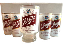 Vintage Schlitz Beer Glass lot 32oz Pedestal Host Glass & 4 12oz Gold Rim Glass picture
