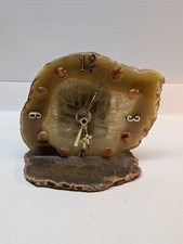 Vintage Mid Century Brazilian Agate Stone Desk Clock MCM Brass Pedestal Analog picture