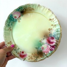 Vintage Hand Painted Floral Porcelain Plate Pink Roses Gold Scalloped Edge Decor picture