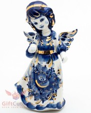 Porcelain Gzhel HandMade Figurine of  Beautiful Angel girl in gold picture