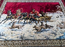 Vintage Velvet Tapestry Russian Troika Sleigh Winter Forest Wolves Attacking Rug picture