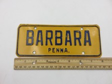 Vintage BARBARA PENNA Mini License Plate Yellow Blue Metal Name Sign Tag Decor picture