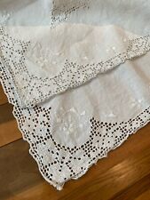 Antique French Natural heavy linen Drawn Needle Lace embroidered Sq Tablecloth picture