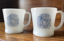 2 Old Farm Gate Vintage Currier & Ives Milk Glass Coffee Mug Cup Blue Ovenware picture