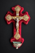 Antique French Holy Water Font Red Velvet Gilt Brass Crucifix 19th Century picture