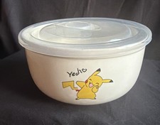 Pokémon Pikachu Glazed Ceramic  Noodle/Ramen Bowl W/ Lid, White, 5 1/2 In. EUC picture