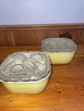 Vintage MCM Jeanette Yellow Glass Square Lidded Dish Food Storage 2 Sets-1950s picture