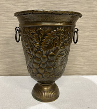 Vintage Lacquered Brass 13 Inch Grape Motif Urn/Planter - Dual Ring Handles picture