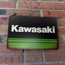 Kawasaki Metal Tin Sign Rustic Patina Garage Shop Wall Decor 11.75