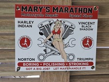 LARGE VINTAGE MARY'S MARATHON PORCELAIN GAS STATION PUMP SIGN   picture