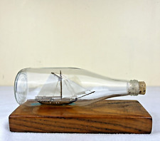 Vintage Ship In A Glass Bottle with Cork Mounted on Solid Wood 8 1/2