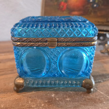 Vintage Antique RUSSIAN BLUE GLASS Casket With Brass Or Bronze Hinge, Footed picture
