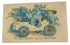 Happy Birthday Floral Early Automobile Embossed ~ Antique 1910s Postcard picture
