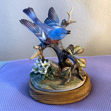 Andrea by Sadek Blue Bird Porcelain Figurine on Wooden Base Branch & Flowers picture