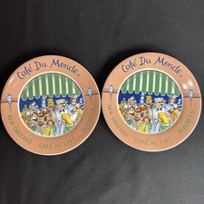 2-VTG 1996 Cafe Du Monde New Orleans Painted Scene Beignet Plate Set Rare HTF picture