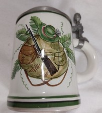 VTG Ulmer Keramik German Porcelain Lidded Beer Stein HP Hunting Motif 12OZ picture