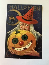 1909 Antique Postcard Halloween Ulman No 143-2416 Wall Witch Jack o Lantern picture