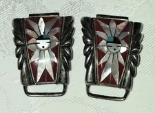 Zuni Sunface Deity feather design Watch Tips Silver Coral Turquoise MOP 44Gms picture