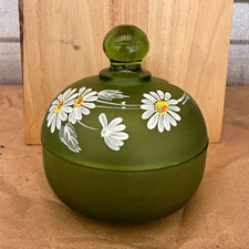 Vintage Westmoreland Green Satin Glass Hand Painted Daisies Lidded Candy Dish picture