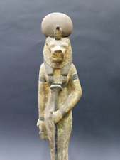 Unique Egyptian Handmade Sekhmet Heavy Limestone Statue Holding WAS & ANKH picture