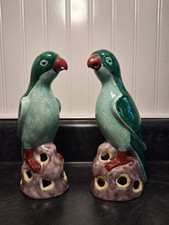 RARE Pair of Vintage Chinese Famille Verte Porcelain Parrot Bird 9” Turquoise picture