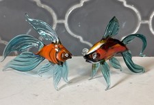 Set 2 Murano Style Glass Blown Fish Figurine Multi Color Blue Orange Bubble Eyes picture