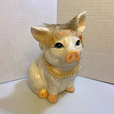 Vintage Kitsch Ceramic Diva Pig Figurine With Feathers Lace Pearls Glamour Sassy picture