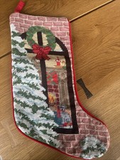 VTG Imperial Elegant Needlepoint Christmas Stocking Tree Cat Fireplace Wreath picture