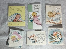 Vtg Six Baby Shower Greeting Cards Adorable Babies Stork  Teddy 1950’s Embossed picture