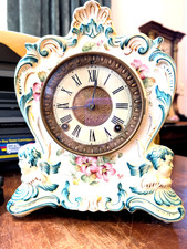 1880s Antique ANSONIA Tuxedo Ceramic Floral Mantle Clock picture