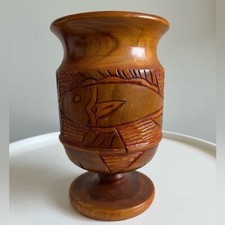 Vintage Handcrafted Wooden Carved Pedestal Vase with Fish Design picture