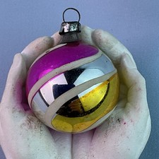 Vintage HandBlown Glass Multi-Color Striped Small Christmas Ornament*POLAND*1.5” picture