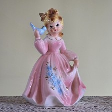 Vintage Lefton Girl Figurine Pink Dress Holding a Bluebird #6987 7