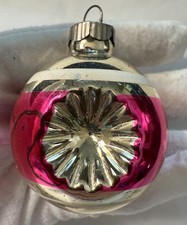 Vtg Double Flower Indent Pink Striped Feather Tree Glass Christmas Ornament picture