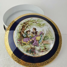 Limoges Porcelain Round Box Lid Cobalt Fragonard Victorian Couple Lady on Swing picture