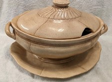 Vtg 1983 Signed Handmade Ceramic Soup Tureen Lid Platter Set Speckled Farmhouse picture