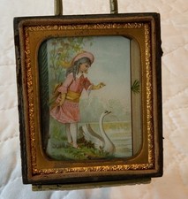 Vintage Antique Victorian Trade Card Ephemera Framed, Union Case, Girl With Swan picture