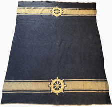 Vtg Wool Camp Blanket Esmond Nautical Ship Helm Stripes Blue Cream 62