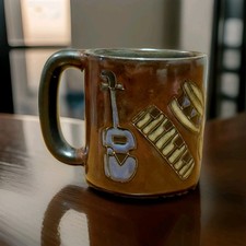 Mara Mexico Coffee Mug Musical Instruments Art Pottery Large Heavy Signed 16 oz picture